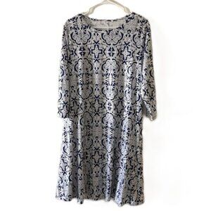 Blue and White Knee-Length Swing Dress with 3/4 Sleeves